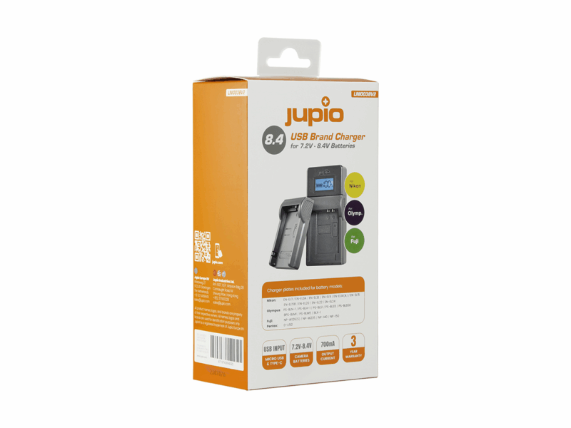 Jupio USB Brand Charger (7.2-8.4V akuille), Nikon/Fuji/Olympus/Pentax